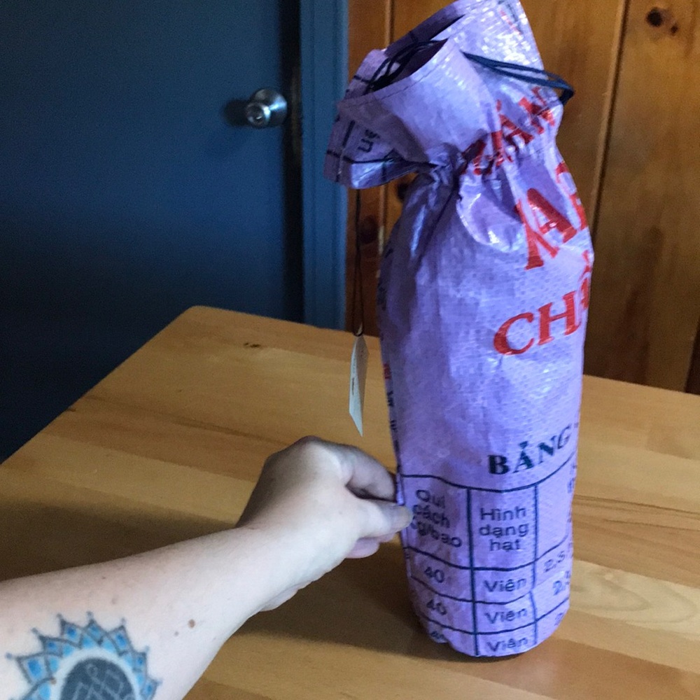 Fair Trade Handmade recycled feedback purple wine bottle holder